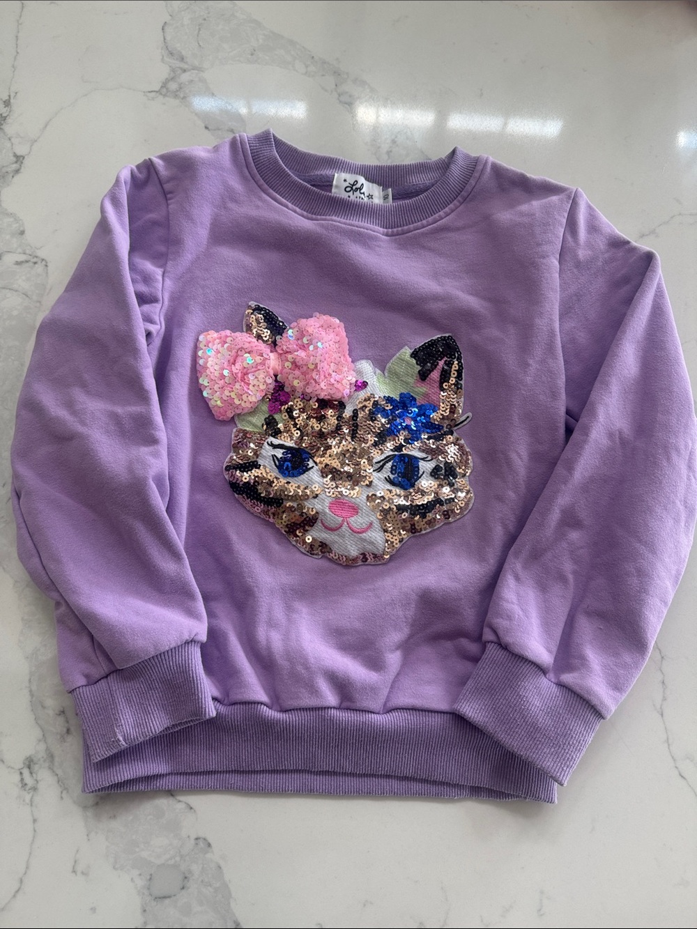 Lola + The Boys Lilac Sequin Cat Sweatshirt with Pink Bow